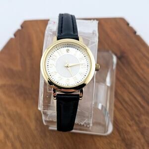 Gold Tone Women's Minimalist Contemporary Watch Black Faux Leather Band Classic